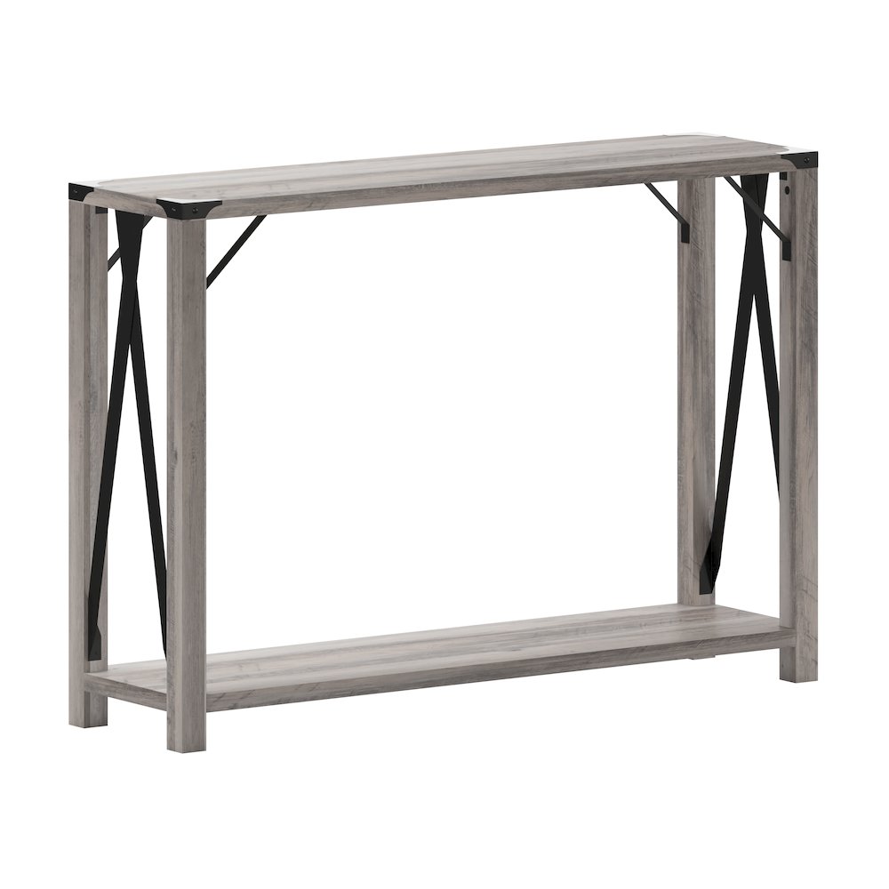 Farmhouse Wooden 2 Tier Console Entry Table with Black Metal Corner, Gray Wash. Picture 1