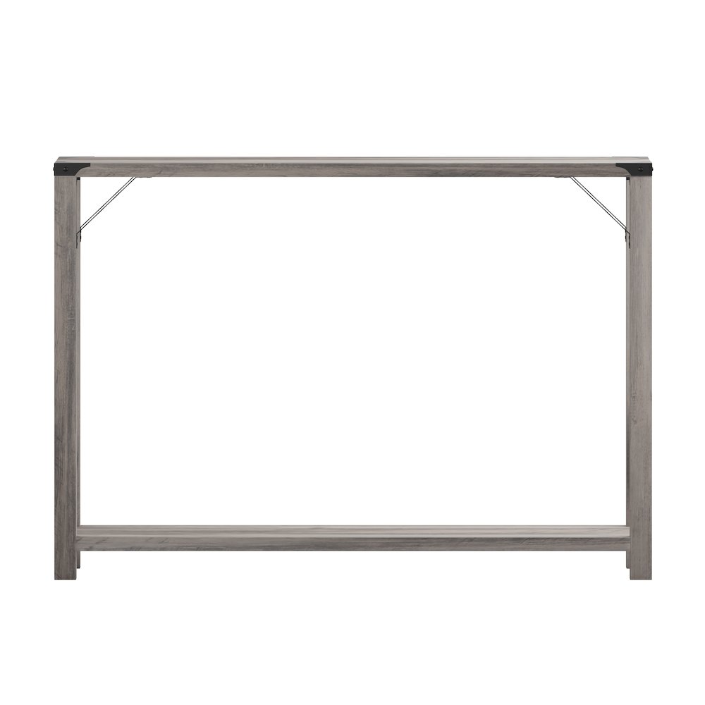 Farmhouse Wooden 2 Tier Console Entry Table with Black Metal Corner, Gray Wash. Picture 8
