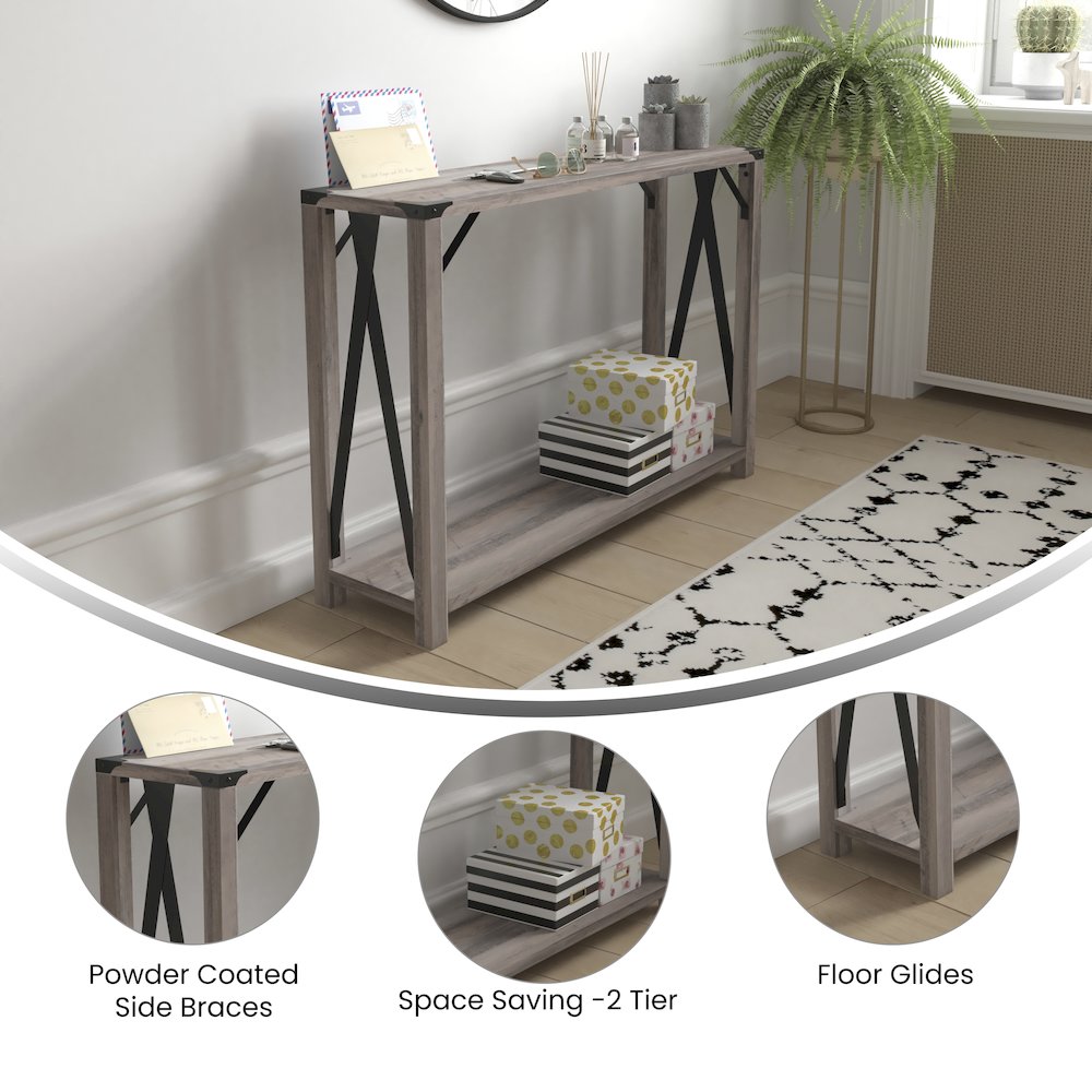 Farmhouse Wooden 2 Tier Console Entry Table with Black Metal Corner, Gray Wash. Picture 4