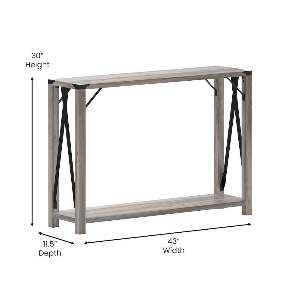 Farmhouse Wooden 2 Tier Console Entry Table with Black Metal Corner, Gray Wash. Picture 5