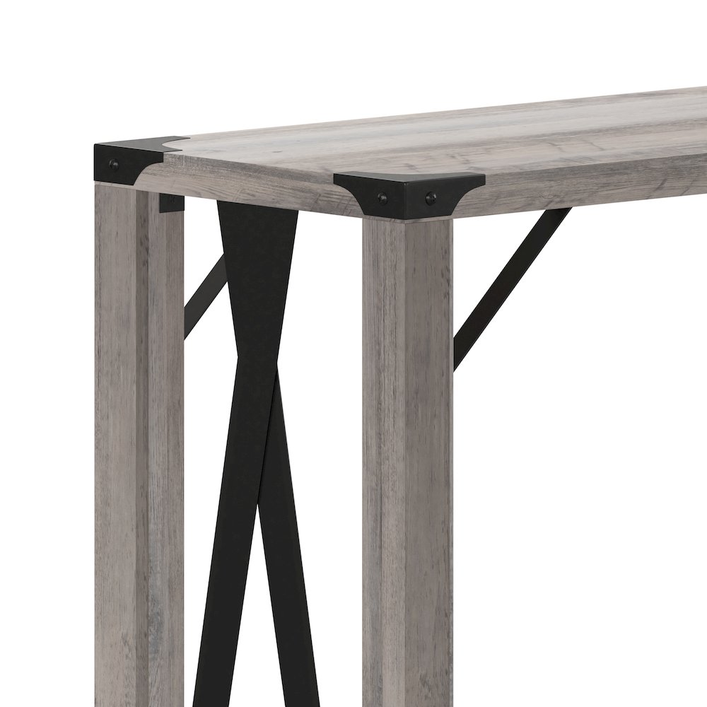 Farmhouse Wooden 2 Tier Console Entry Table with Black Metal Corner, Gray Wash. Picture 9
