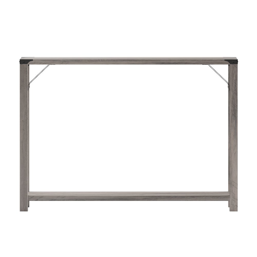 Farmhouse Wooden 2 Tier Console Entry Table with Black Metal Corner, Gray Wash. Picture 11