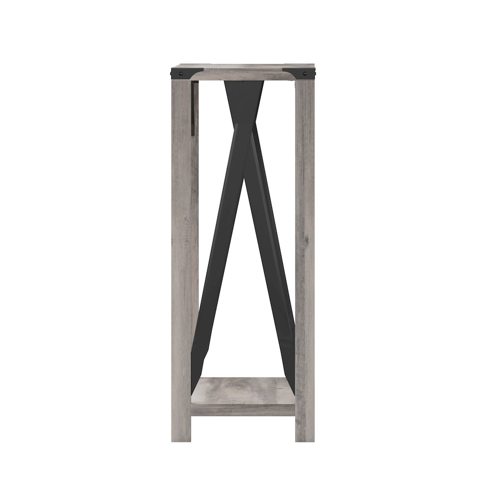 Farmhouse Wooden 2 Tier Console Entry Table with Black Metal Corner, Gray Wash. Picture 10