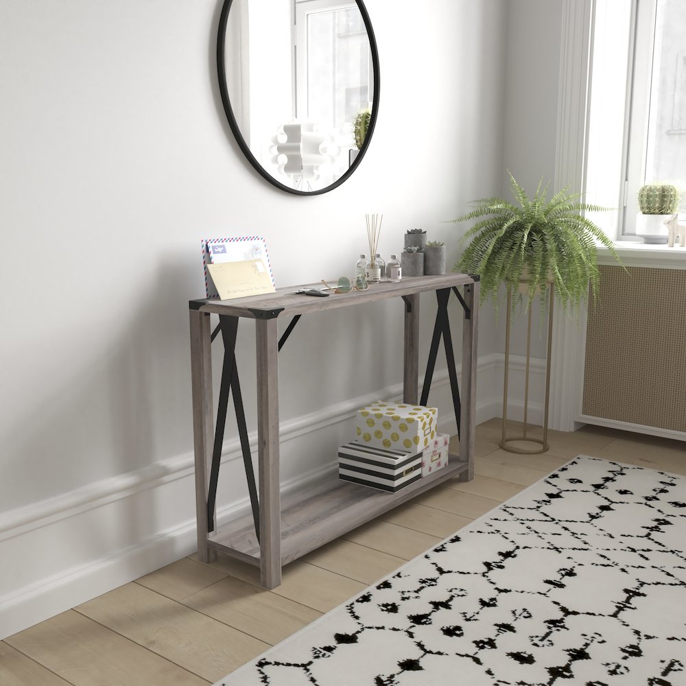 Farmhouse Wooden 2 Tier Console Entry Table with Black Metal Corner, Gray Wash. Picture 2