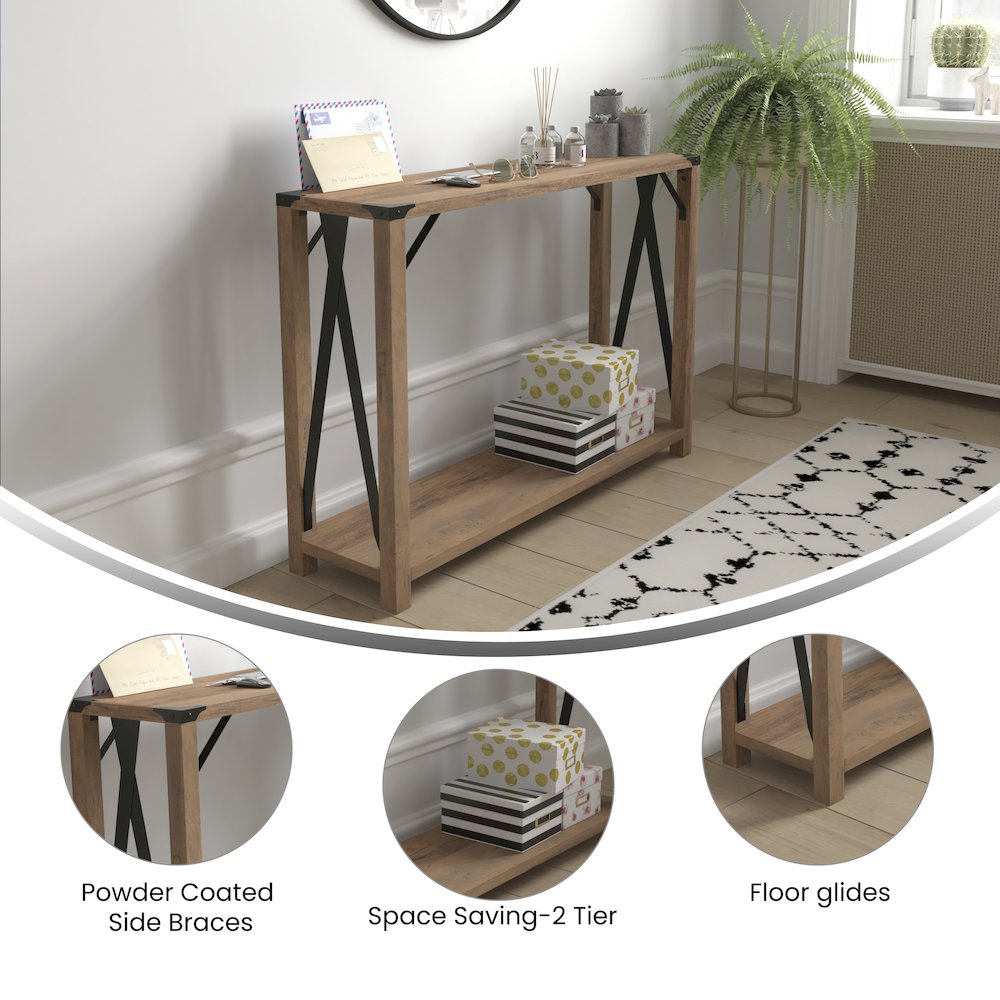 Farmhouse Wooden 2 Tier Console Entry Table with Black Metal Corner Accents, Oak. Picture 4