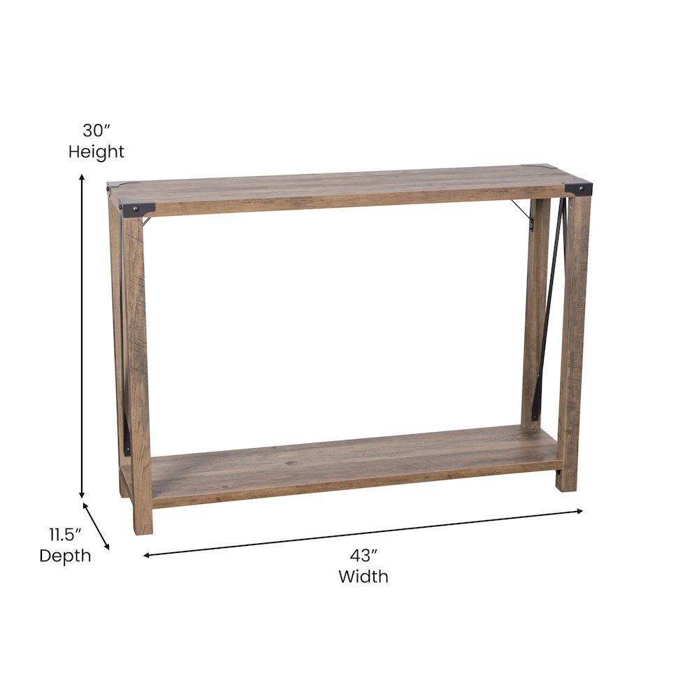 Farmhouse Wooden 2 Tier Console Entry Table with Black Metal Corner Accents, Oak. Picture 5