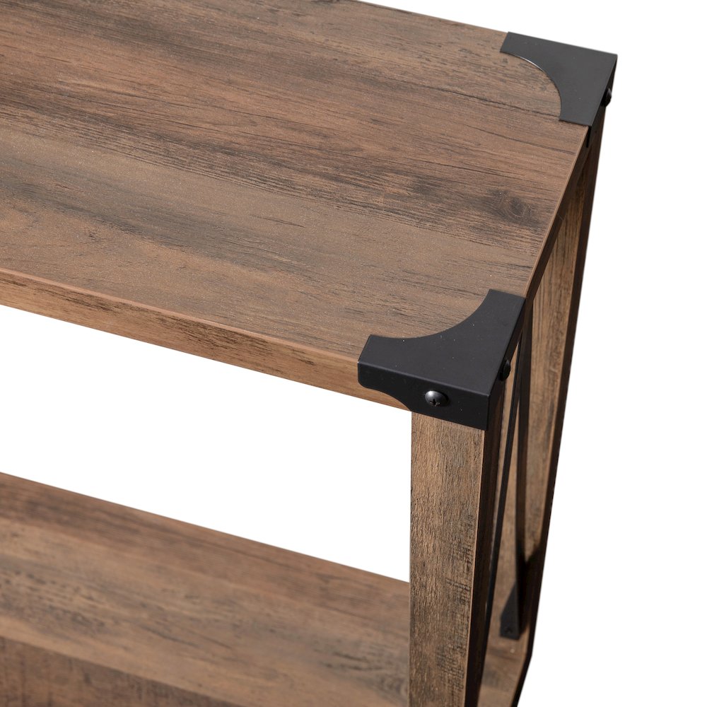 Farmhouse Wooden 2 Tier Console Entry Table with Black Metal Corner Accents, Oak. Picture 8