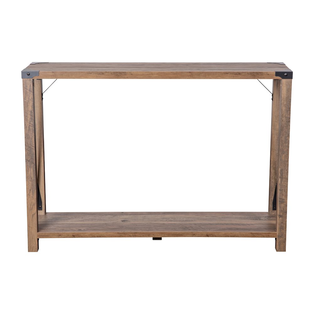 Farmhouse Wooden 2 Tier Console Entry Table with Black Metal Corner Accents, Oak. Picture 10