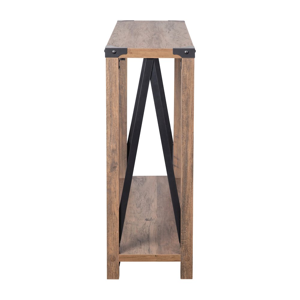 Farmhouse Wooden 2 Tier Console Entry Table with Black Metal Corner Accents, Oak. Picture 9