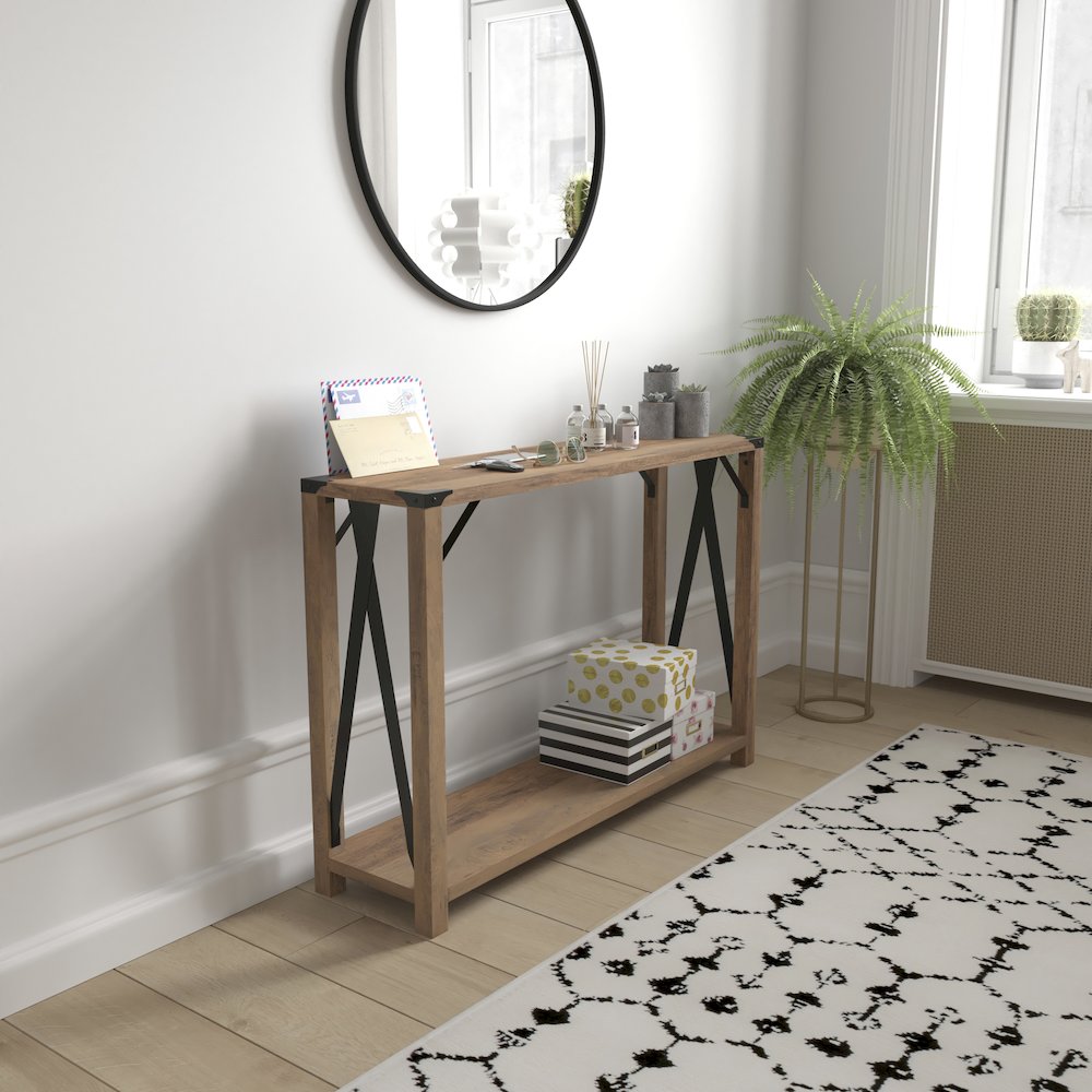 Farmhouse Wooden 2 Tier Console Entry Table with Black Metal Corner Accents, Oak. Picture 2