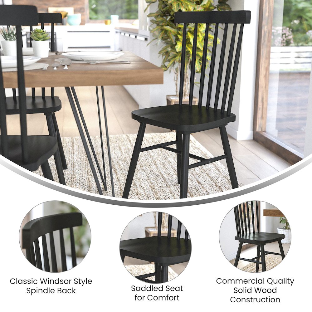Set of 2 Windsor Dining Chairs, Solid Wood Armless in Black. Picture 5
