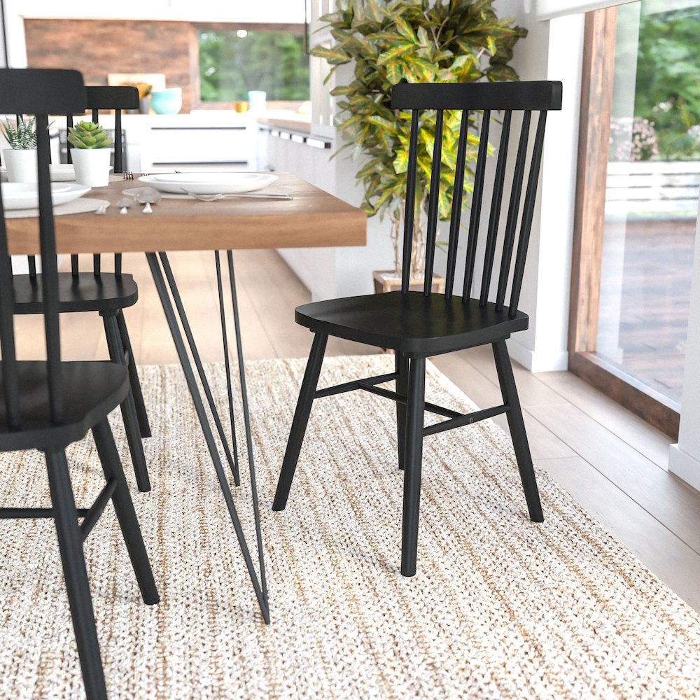 Set of 2 Windsor Dining Chairs, Solid Wood Armless in Black. Picture 2