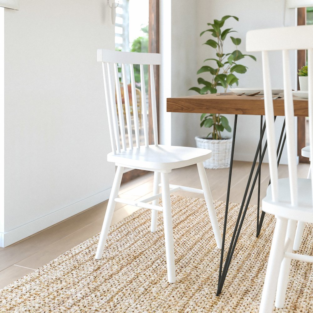 Set of 2 Windsor Dining Chairs, Solid Wood Armless in White. Picture 7