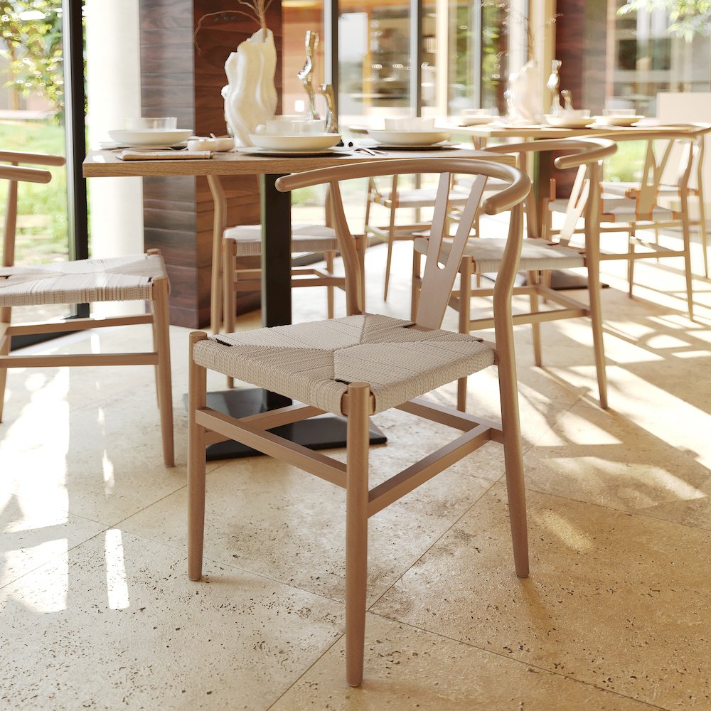 Y-Back Style Wood and Kraft Paper Stackable Dining Chair with Oak/Natural Finish. Picture 3