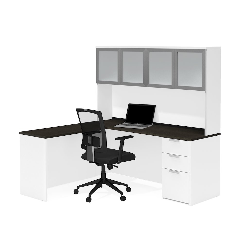 72W L-Shaped Desk with Pedestal and Frosted Glass Doors Hutch. Picture 1