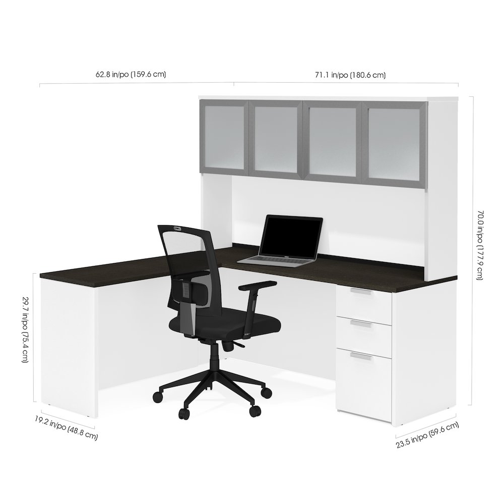 72W L-Shaped Desk with Pedestal and Frosted Glass Doors Hutch. Picture 2