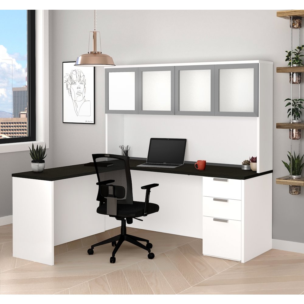 72W L-Shaped Desk with Pedestal and Frosted Glass Doors Hutch. Picture 3