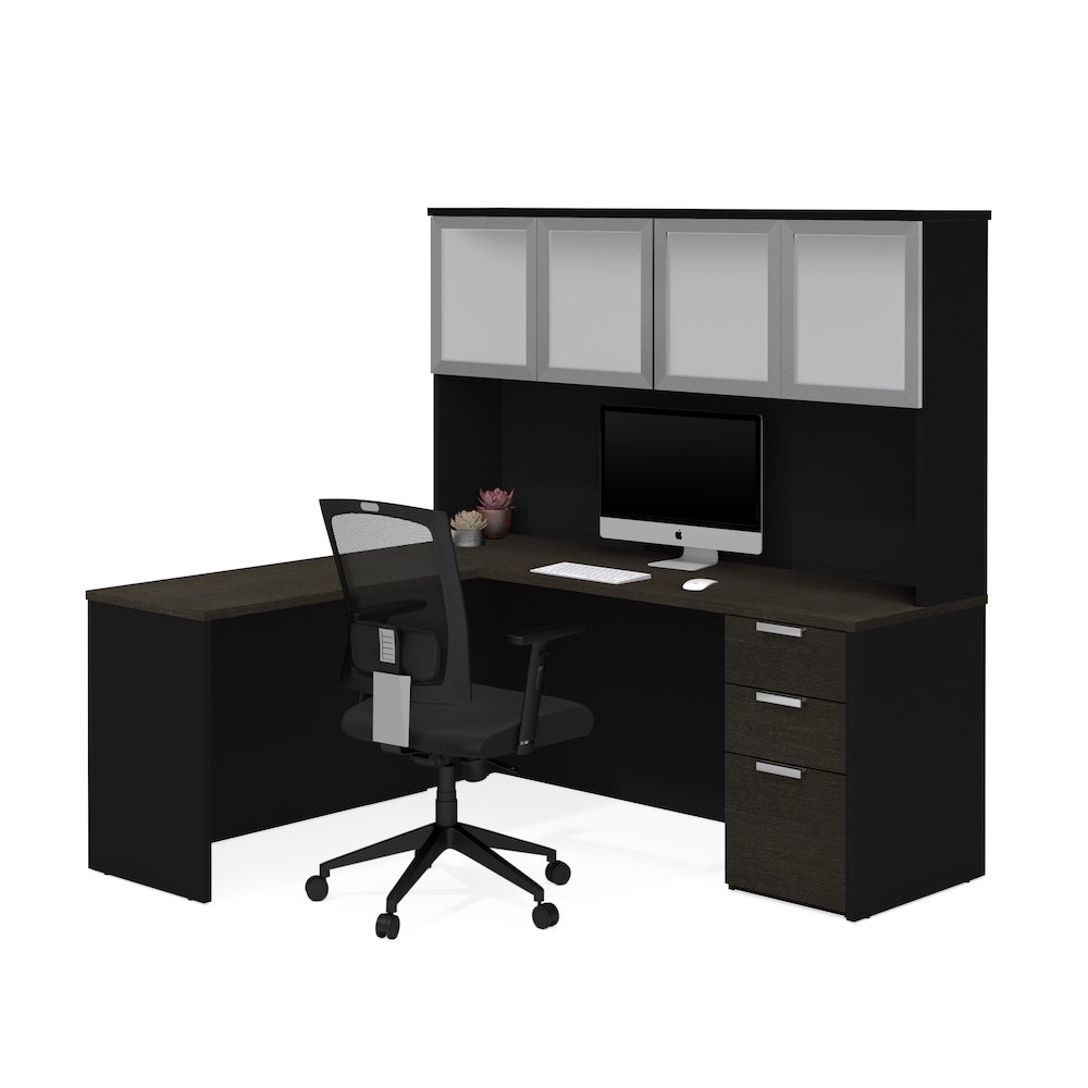 72W L-Shaped Desk with Pedestal and Frosted Glass Doors Hutch. Picture 1