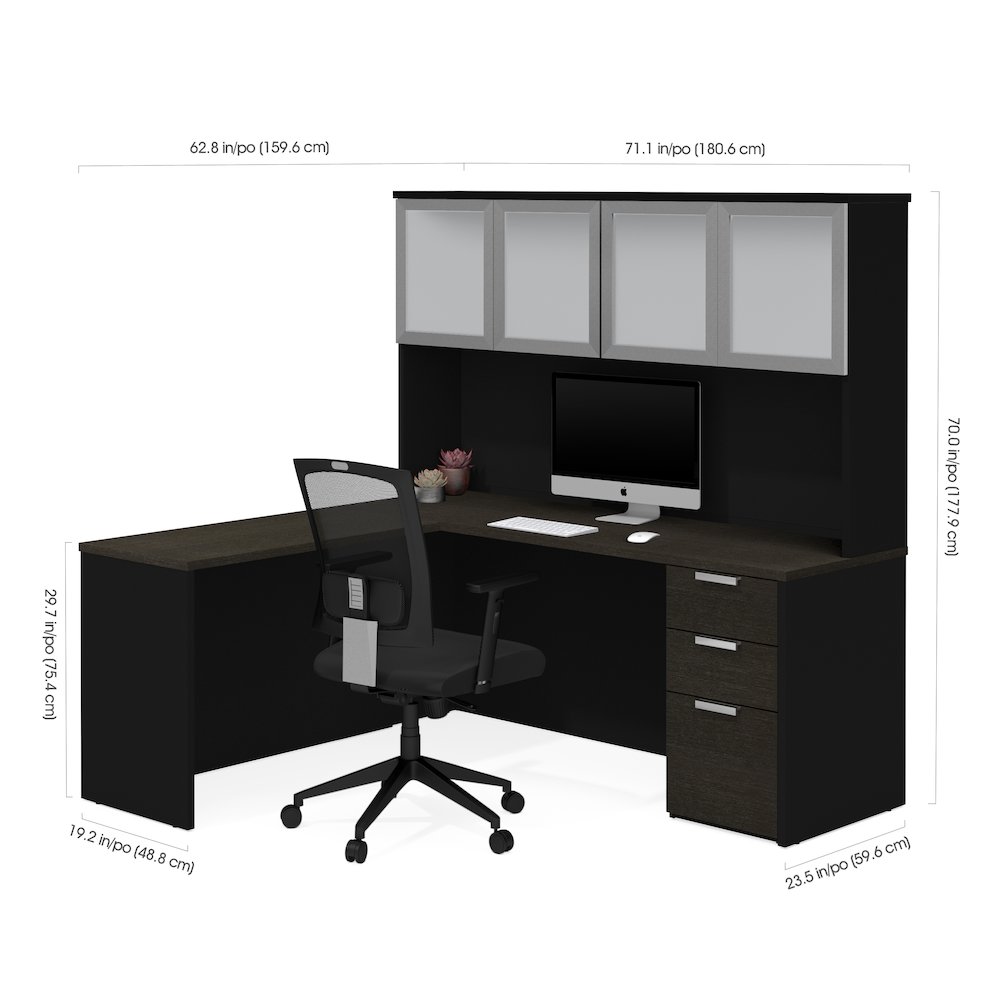 72W L-Shaped Desk with Pedestal and Frosted Glass Doors Hutch. Picture 2