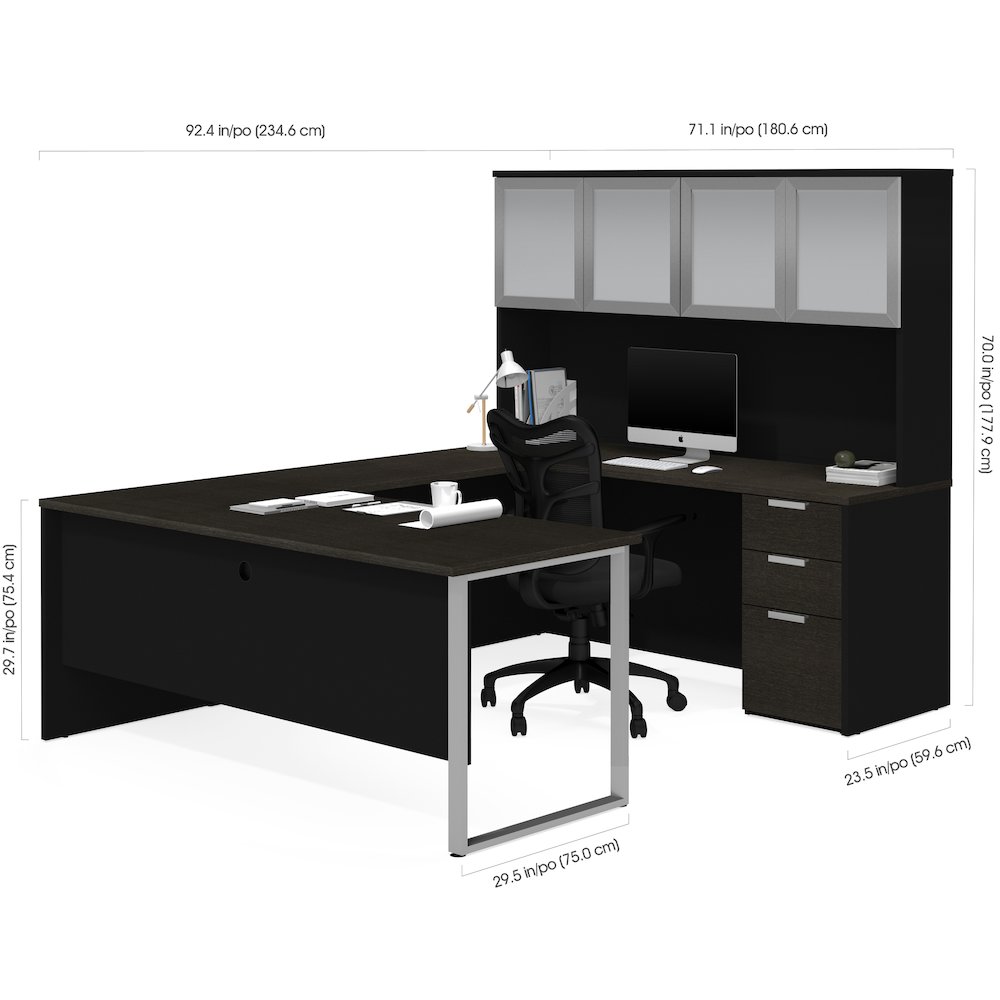 72W U-Shaped Executive Desk with Pedestal and Frosted Glass Doors Hutch. Picture 3
