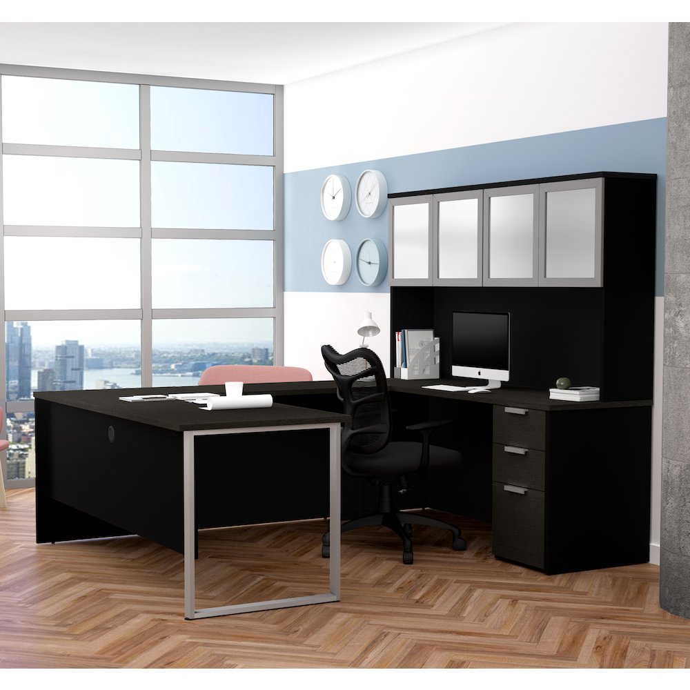 72W U-Shaped Executive Desk with Pedestal and Frosted Glass Doors Hutch. Picture 2
