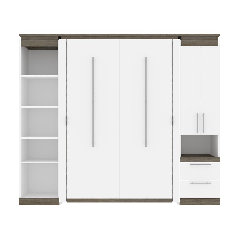Full Murphy Bed with Storage Cabinet and Shelves (100W) in White and Walnut Grey. Picture 2
