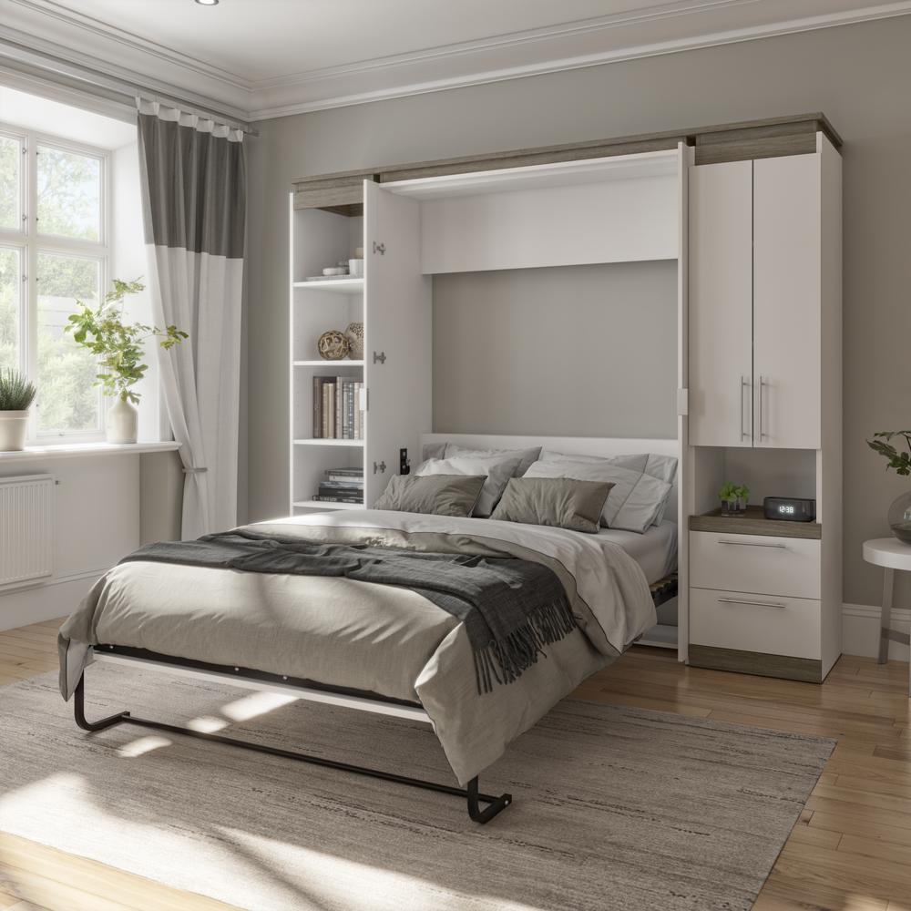 Full Murphy Bed with Storage Cabinet and Shelves (100W) in White and Walnut Grey. Picture 6