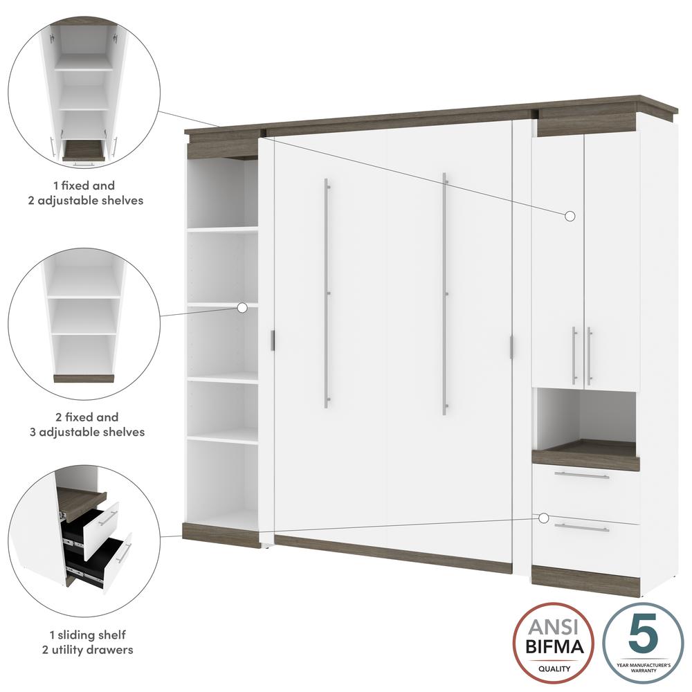 Full Murphy Bed with Storage Cabinet and Shelves (100W) in White and Walnut Grey. Picture 7