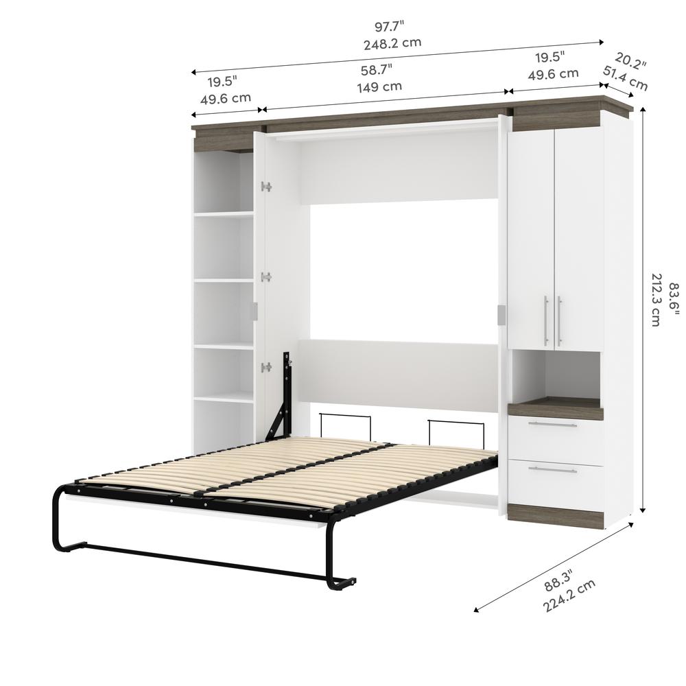 Full Murphy Bed with Storage Cabinet and Shelves (100W) in White and Walnut Grey. Picture 12