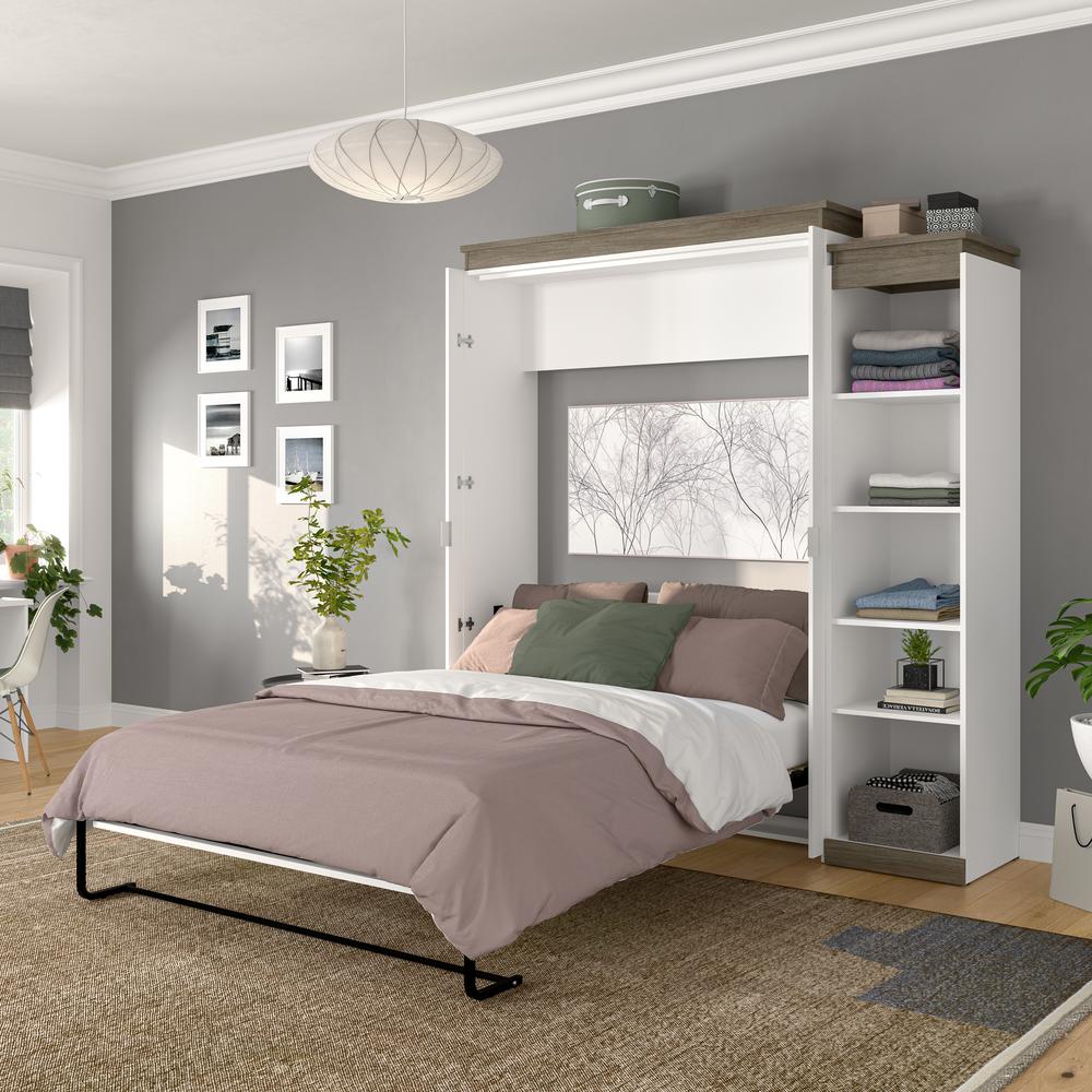 Queen Murphy Bed with Shelves (87W) in White and Walnut Grey. Picture 5