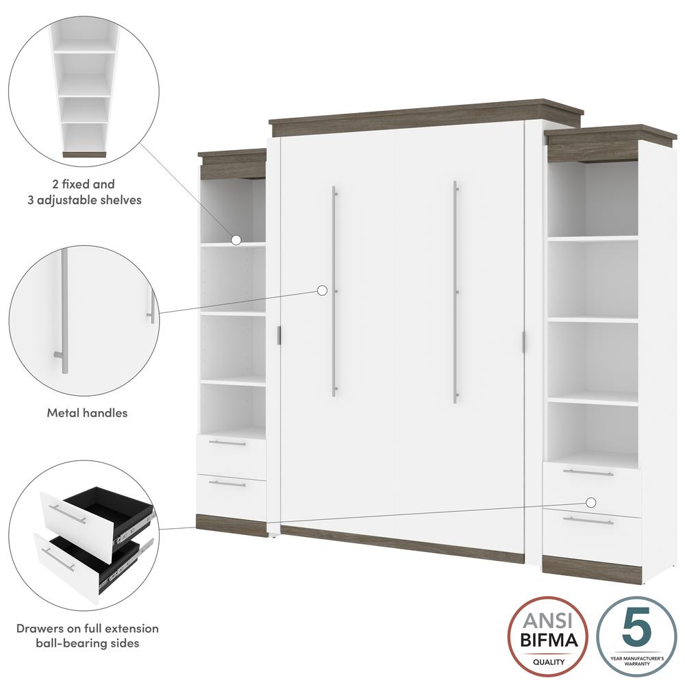 Queen Murphy Bed with Shelves and Drawers (106W) in White and Walnut Grey. Picture 6