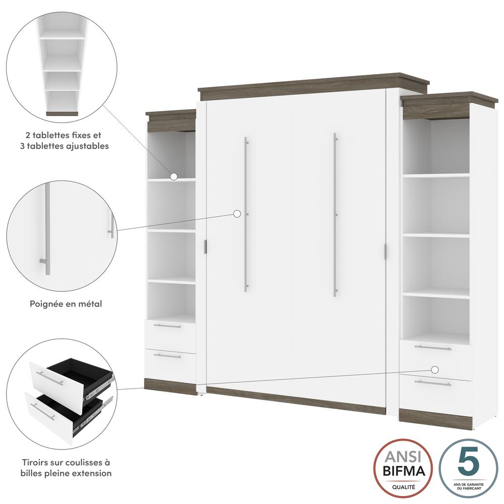 Queen Murphy Bed with Shelves and Drawers (106W) in White and Walnut Grey. Picture 7