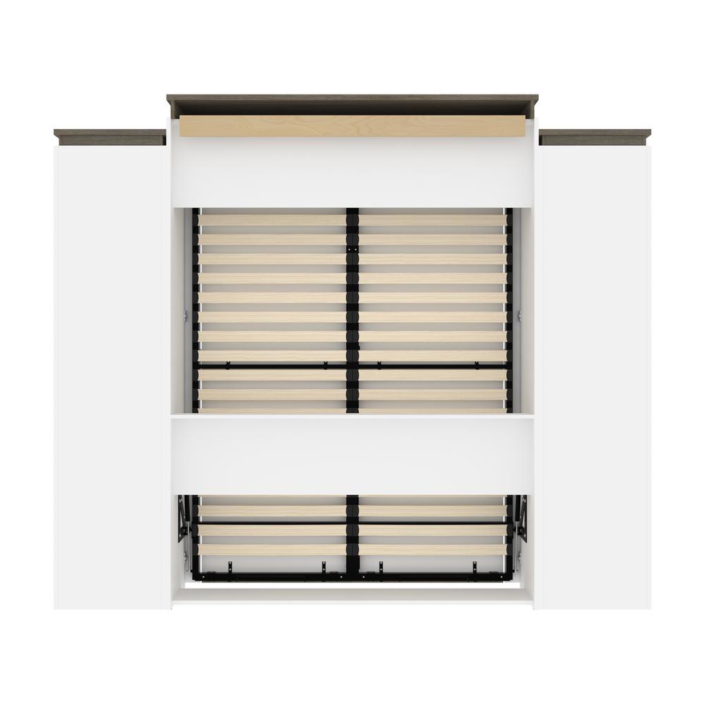 Queen Murphy Bed with Shelves and Drawers (106W) in White and Walnut Grey. Picture 21