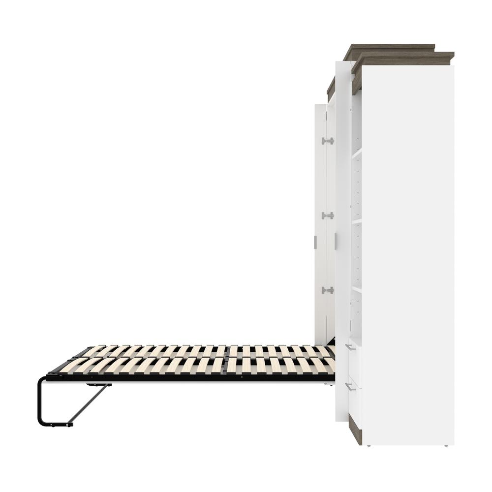 Queen Murphy Bed with Shelves and Drawers (106W) in White and Walnut Grey. Picture 26