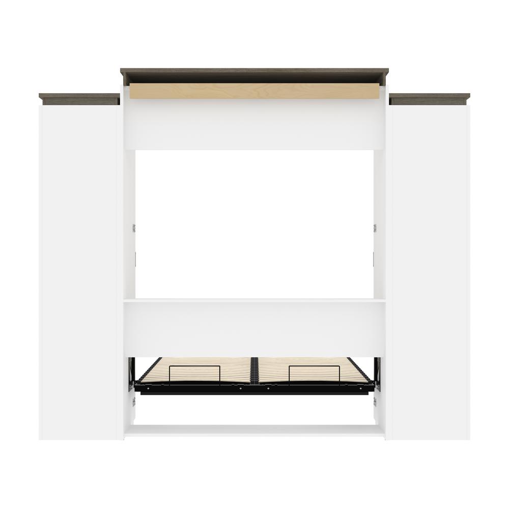 Queen Murphy Bed with Shelves and Drawers (106W) in White and Walnut Grey. Picture 27