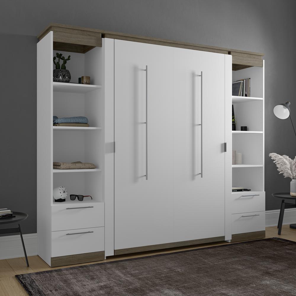 100W Full Murphy Bed with Shelves and Drawers (100W) in White and Walnut Grey. Picture 4