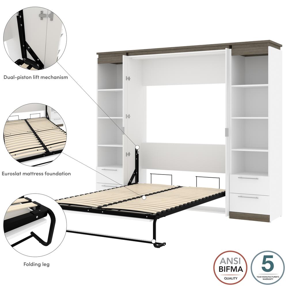 100W Full Murphy Bed with Shelves and Drawers (100W) in White and Walnut Grey. Picture 8