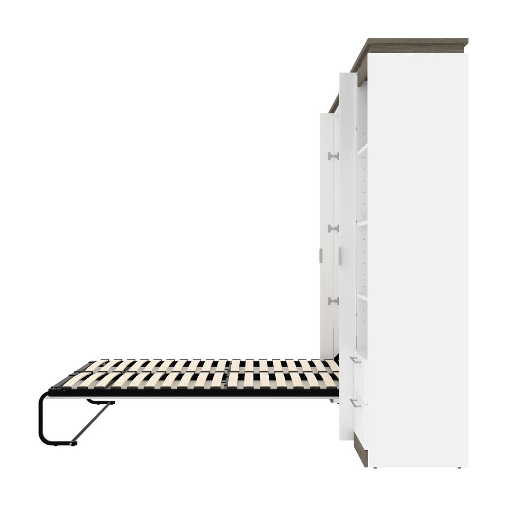 100W Full Murphy Bed with Shelves and Drawers (100W) in White and Walnut Grey. Picture 26
