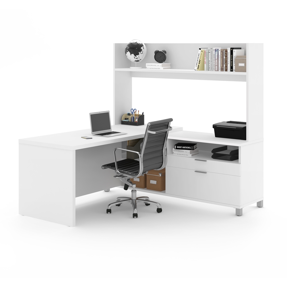 72W L-Shaped Desk with Single Shelf Hutch. Picture 1