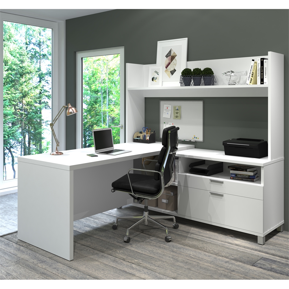 72W L-Shaped Desk with Single Shelf Hutch. Picture 2