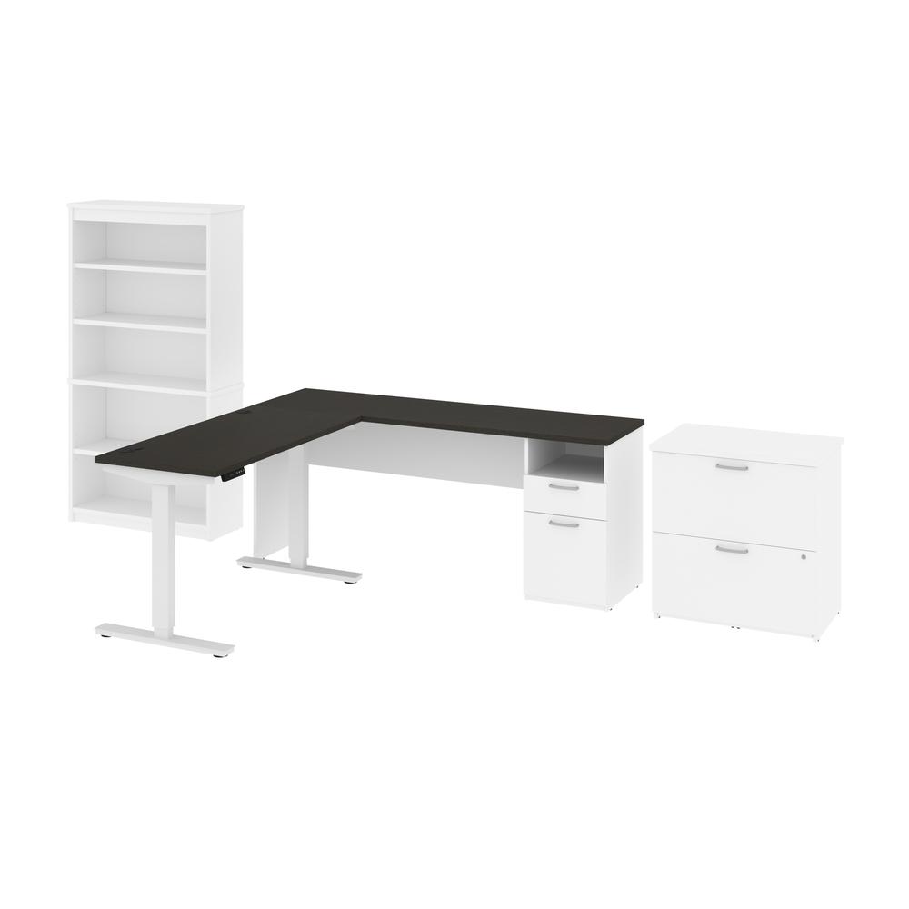 72W L-Shaped Standing Desk with Bookcase and File Cabinet. Picture 1
