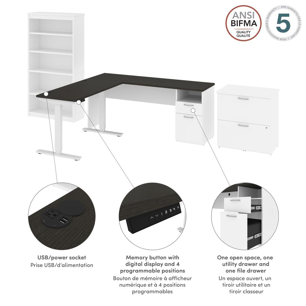 72W L-Shaped Standing Desk with Bookcase and File Cabinet. Picture 11