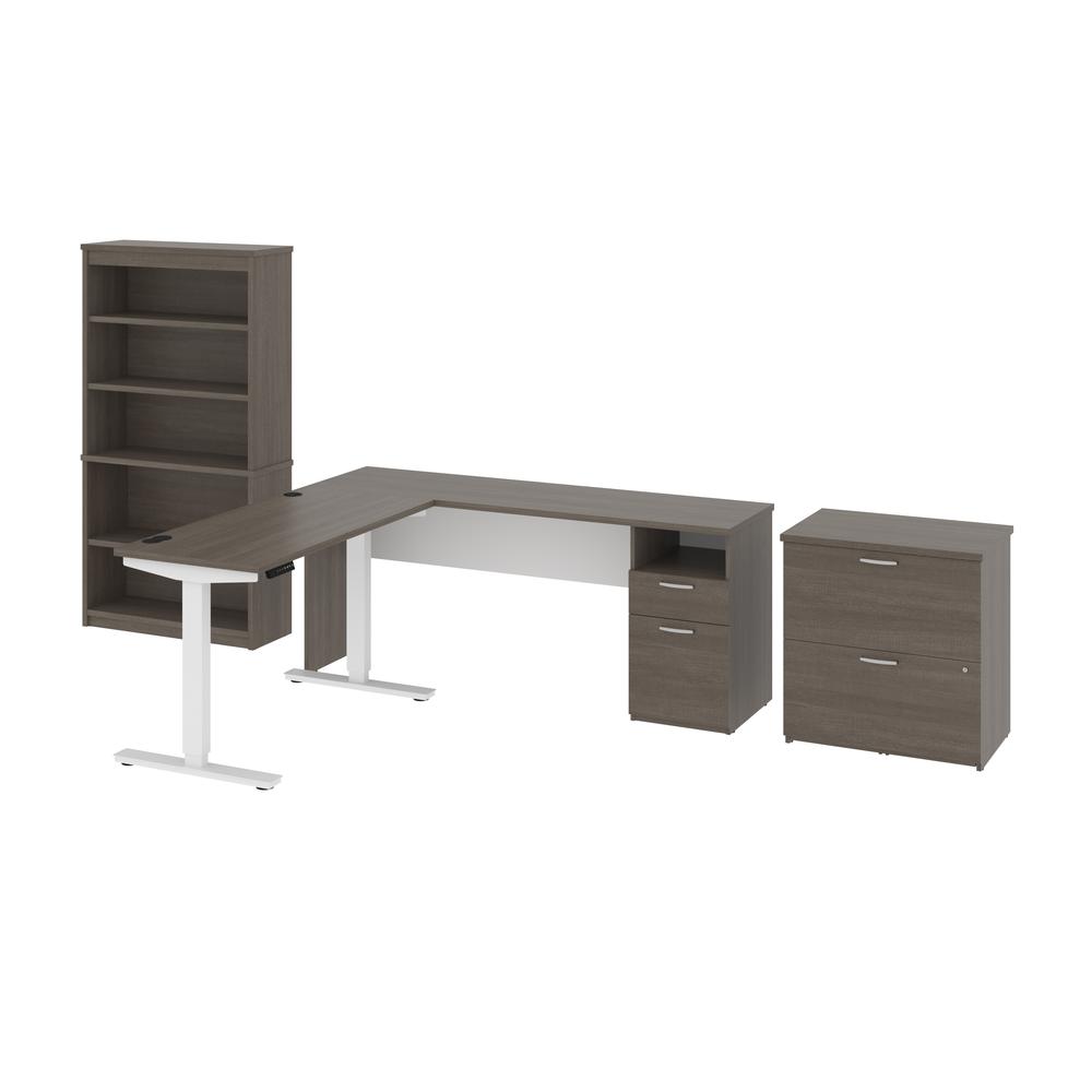 72W L-Shaped Standing Desk with Bookcase and File Cabinet. Picture 1