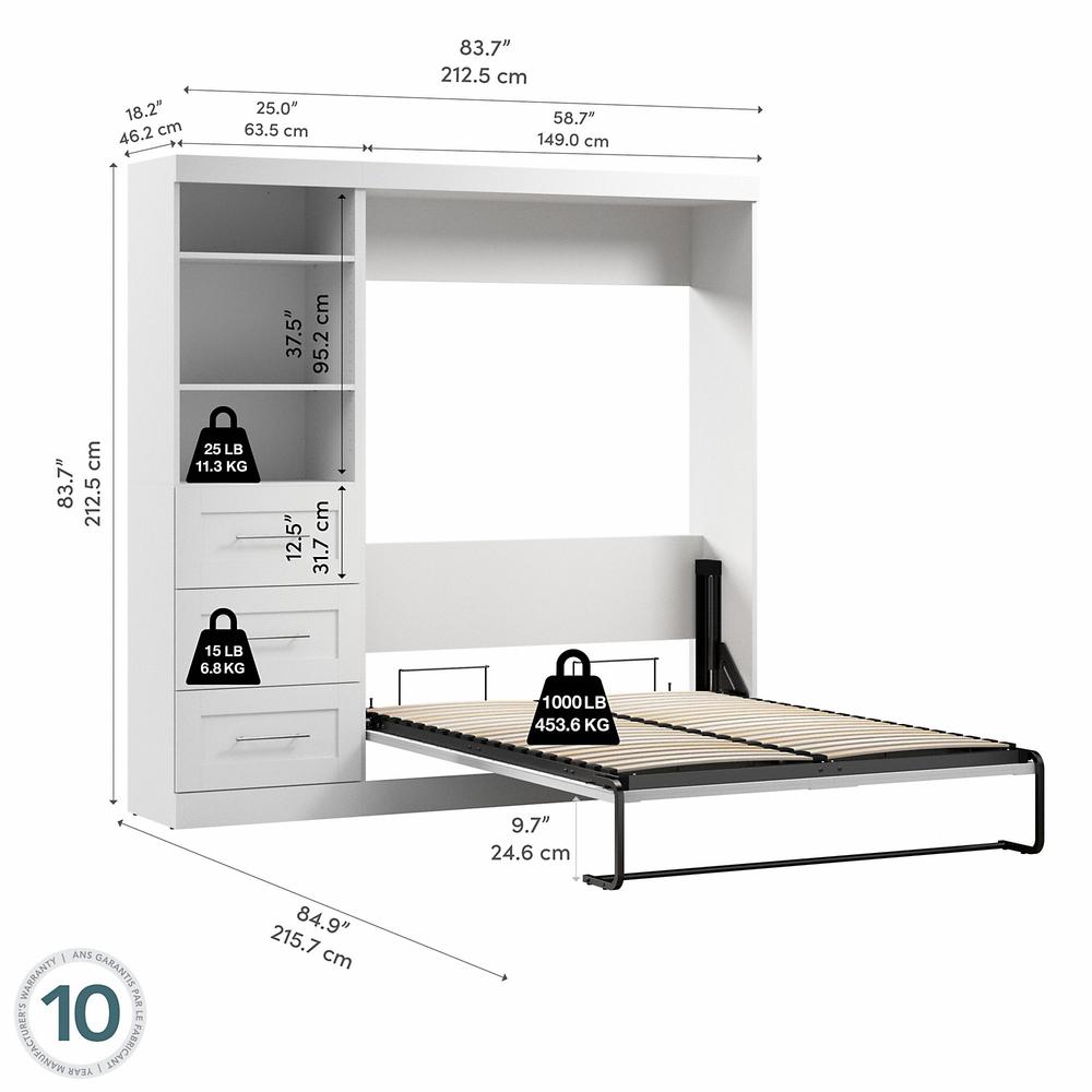 Murphy Unit with Drawers, 84-inch Space-Saving Wall Bed with Storage, White. Picture 6