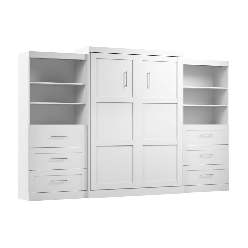 Pur Murphy Bed and 2 Shelving Units with Drawers (136W) in White, Queen. Picture 1