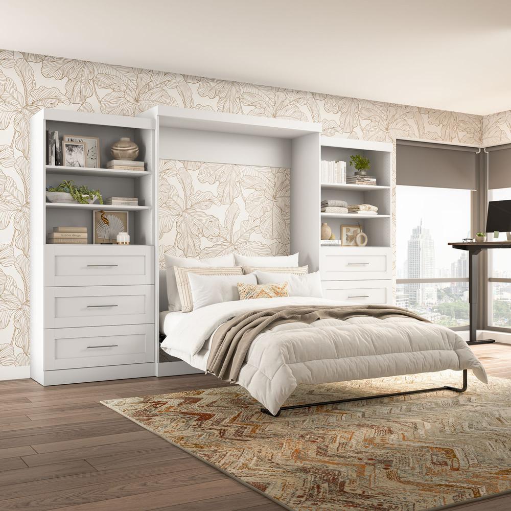 Pur Murphy Bed and 2 Shelving Units with Drawers (136W) in White, Queen. Picture 3