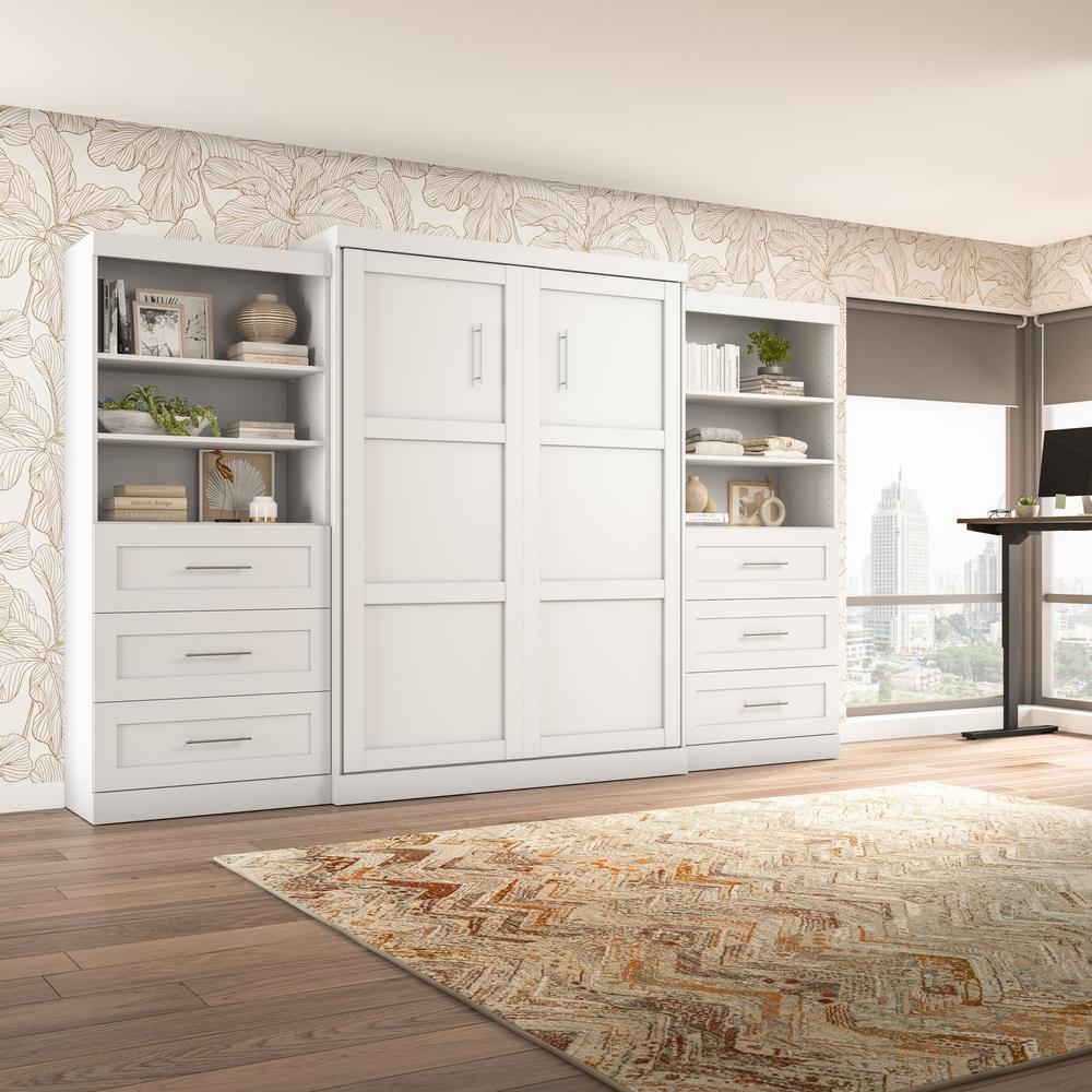 Pur Murphy Bed and 2 Shelving Units with Drawers (136W) in White, Queen. Picture 4