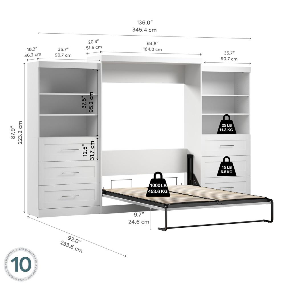 Pur Murphy Bed and 2 Shelving Units with Drawers (136W) in White, Queen. Picture 7