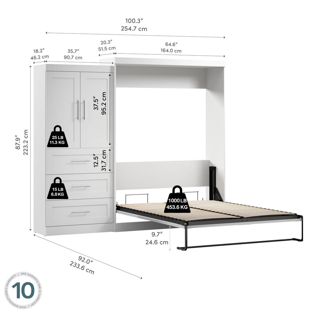 Pur Queen Murphy Bed and Storage Cabinet with Drawers (101W) in White. Picture 6