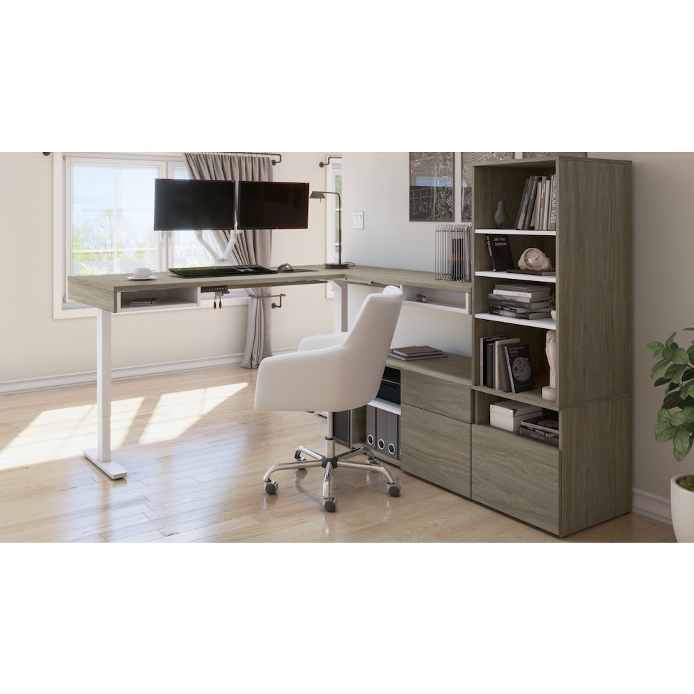 72W L-Shaped Standing Desk with Dual Monitor Arm and Storage. Picture 3